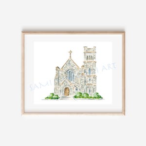 May include: Watercolor painting of a stone church with a tall tower and a pointed roof. The church has a large wooden door and windows. The church is surrounded by green bushes.