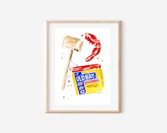 Watercolor Crab Feast Fine Art Print, Old Bay, Crab Claw, and Mallet, Ocean City Maryland, OCMD, Coastal, Rehoboth & Bethany Beach DE Summer
