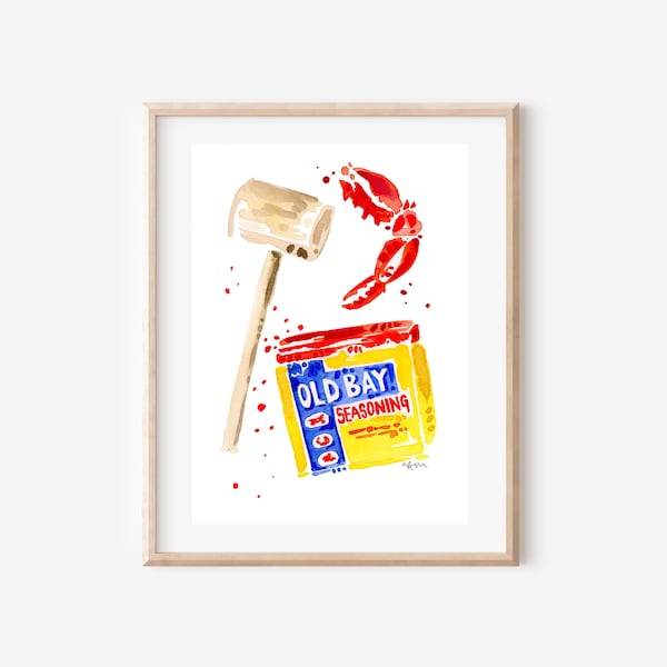 Matted Crab Feast Fine Art Print, Old Bay, Crab Claw, and Mallet.