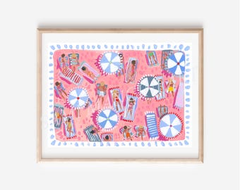 Pink Beach with Blue and White umbrellas, Summer Watercolor Fine Art Print, Bright and Happy beach Artwork, Coastal Decor.