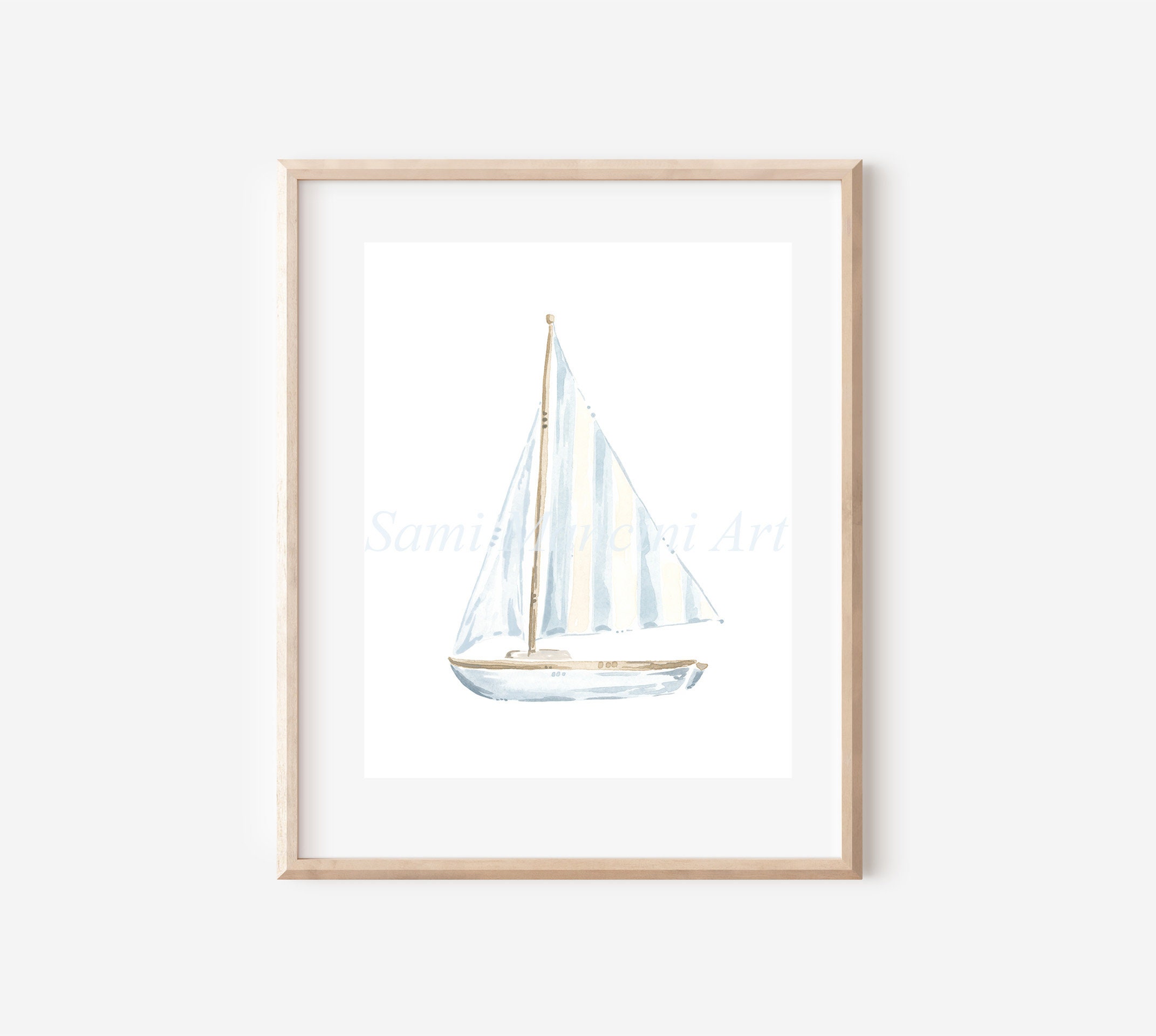 Blue Striped Sailboat Art Print: Coastal Watercolor Painting - Etsy
