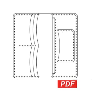 May include: A white, open wallet template with interior pockets and stitching detail. The design includes curved lines and dotted edges, with the letters "PDF" in a red rectangle in the lower right corner.
