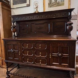 Antique 1920s Jacobean Style Carved Sideboard Buffet Cabinet with Drawers VGC