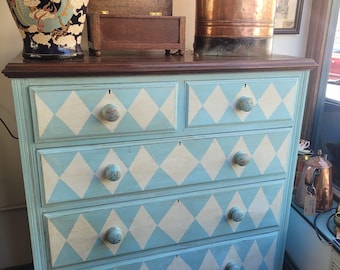 Mahogany Upcycled Painted Harliquin Chest Of Drawers 2 Over 3