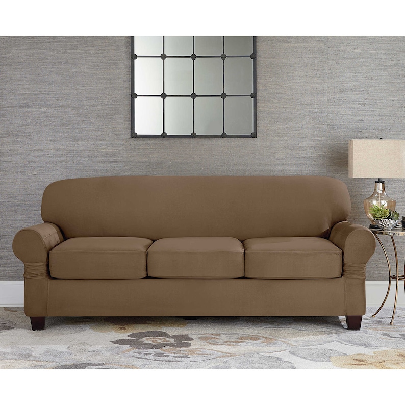 Suede Taupe Individual Cushion Sofa, 3 Cushion Sofa