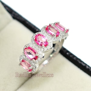 Pink Topaz Ring, Topaz Ring, 925 Sterling Silver, Pink Stone Ring, Cluster Ring, Half Eternity Band, Promise Ring, Gift For Her, Bridal Ring