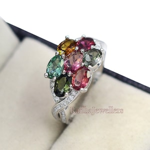 Tourmaline Ring, Natural Multi Tourmaline Ring, 925 Sterling Silver, Cocktail Ring, October Birthstone, Cluster Ring, Gift For Her