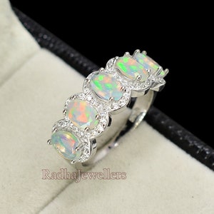 Natural Opal Cut Ring, 925 Sterling Silver, Opal Ring, Half Eternity Band, Cluster Ring, October Birthstone Ring, Wedding Ring, Gift For Her
