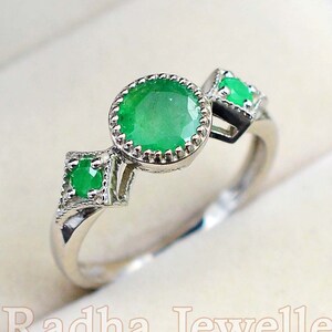 Natural Emerald Ring, 925 Sterling Silver, Three Stone Ring, May Birthstone, Emerald Jewelry, Green Stone Ring, Wedding Ring, Gift For Her