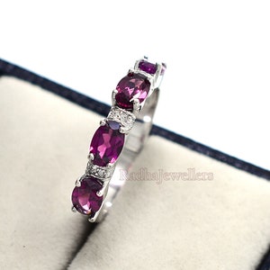Half Eternity Band, Natural Rhodolite Garnet Ring, 925 Sterling Silver, Garnet Ring, January Birthstone, Stackable Ring, Engagement Ring