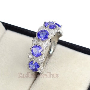 Natural Tanzanite Wedding Band, 925 Sterling Silver, Tanzanite Ring, Half Eternity Band, December Birthstone, Stackable Ring, Gift For Her