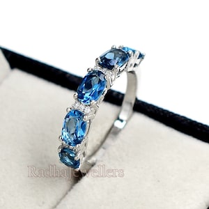 Natural London Blue Topaz Ring, 925 Sterling Silver, Half Eternity Band, December Birthstone, Stackable Ring, Engagement Ring, Gift For Her