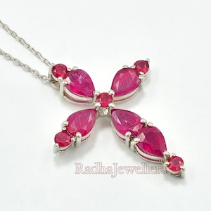 Natural Ruby Holy Cross Pendant Necklace, 925 Sterling Silver, July Birthstone, Ruby Jewelry, Wedding Pendant, Birthday Gift, Gift For Her