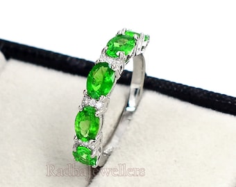 Half Eternity Band, Natural Tsavorite Green Garnet Ring, 925 Sterling Silver, Garnet Ring, January Birthstone, Stackable Ring, Gift For Her