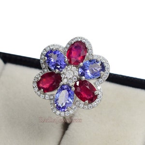 Tansanit Rubin Ring, 925 Sterling Silber, Cluster Ring, Multi-Stein Ring, Edelstein Ring, Cocktail Ring, Ehering, Geschenk für sie