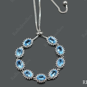 Natural Swiss Blue Topaz Bracelet, 925 Sterling Silver, Tie Adjustable Bracelet, December Birthstone, Blue    Stone Bracelet, Gift For Her