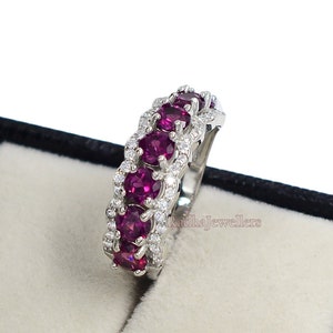 Natural Rhodolite Garnet Ring, 925 Sterling Silver, Half Eternity Ring, Garnet Ring, January Birthstone, Cluster Ring, Engagement Ring Women