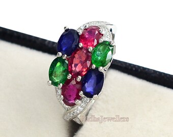 Natural Ruby Emerald Sapphire Mix Stone Ring, 925 Sterling Silver, Cocktail Ring, Birthstone Ring, Cluster Ring, Wedding Ring, Gift For Her