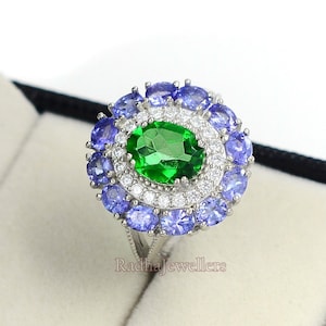 Grüner Topas & natürlicher Tansanit Ring, 925 Sterling Silber, Multi Stein Ring, Cocktailring, Cluster Ring, Verlobungsring, Geschenk für Frauen