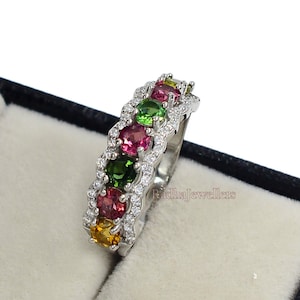 Natural Multi Tourmaline Ring, 925 Sterling Silver, Eternity Tourmaline Ring, October Birthstone, Cluster Ring, Wedding Ring, Gift For Her