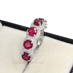 Natural Ruby Wedding Ring, 925 Sterling Silver, July Birthstone, Half Eternity Band, Cluster Ring, Ruby Jewelry Engagement Ring,Gift For Her