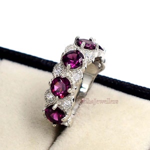 Natural Rhodolite Garnet Ring, Half Eternity Band Ring, 925 Sterling Silver, Garnet Jewelry, January Birthstone, Cluster Ring, Gift For Her