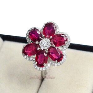 7x5mm Natural Ruby Ring, 925 Sterling Silver, July Birthstone, Ruby Jewelry, Cocktail Ring, Cluster Ring, Engagement Ring, Wedding Jewelry