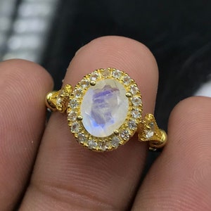 9x7 MM Natural Rainbow Moonstone Ring, 925 Sterling Silver, June Birthstone, Blue Fire Gemstone, Solitaire Ring, Bridal Ring, Gift For Her