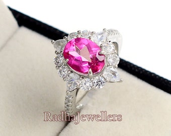 Women's Bridal Gift Pink & White Topaz Gems Love Silver Ring Size 6 7 8 9 10