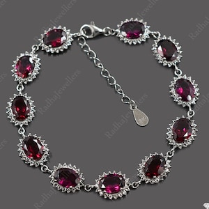 Natural Rhodolite Garnet Bracelet, 925 Sterling Silver, Adjustable Chain Bracelet, Chunky Bracelet, January Birthstone, Wedding Bracelet