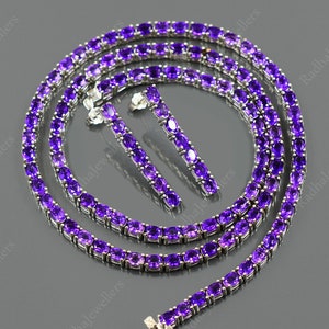 Natural Amethyst Necklace With Earrings, 925 Sterling Silver, Amethyst Tennis Necklace, Amethyst Jewelry, February Birthstone, Gift For Her