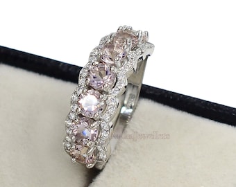 Natural Morganite Ring, 925 Sterling Silver, Half Eternity Band Ring, October Birthstone Ring, Morganite Jewelry, Cluster Ring, Gift For Her