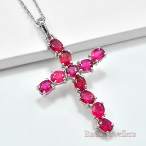 Natural Red Ruby Pendant Necklace, 925 Sterling Silver, Holy Cross Pendant, Ruby Jewelry, July Birthstone, Wedding Pendant, Gift For Her