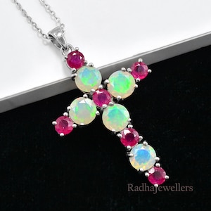 Natural Ruby & Opal Cut Pendant Necklace, 925 Sterling Silver, October Pendant, Holy Cross Pendant, Charm Pendant, Birthday Gift For Her