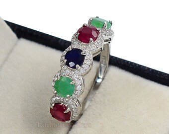 Natural Ruby Emerald Sapphire mix Stone Ring, 925 Sterling Silver, Half Eternity Band, Stacking Band, Bridal Ring, Women Ring, Gift For Her
