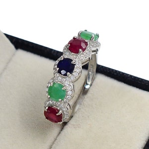 Natural Ruby Emerald Sapphire mix Stone Ring, 925 Sterling Silver, Half Eternity Band, Stacking Band, Bridal Ring, Women Ring, Gift For Her
