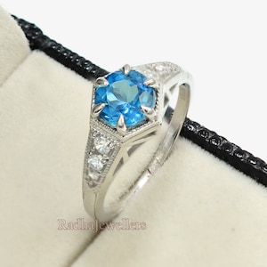 Natural London Blue Topaz Ring, 925 Sterling Silver, Art Deco Ring, December Birthstone, Solitaire Ring, Birthday Gift, Gift For Her