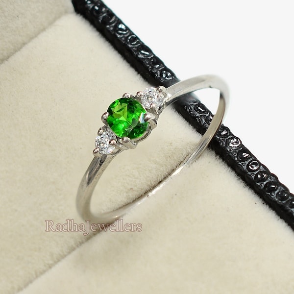 Natural Tsavorite Green Garnet Ring, 925 Sterling Silver, Three Stone Ring, January Birthstone, Minimalist Ring, Wedding Ring, Gift For Her