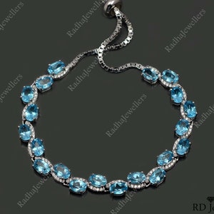 6x4 MM Oval Cut Natural Swiss Blue Topaz Bracelet, 925 Sterling Silver, Tie Bracelet, December Birthstone, Wedding Bracelet, Gift For her