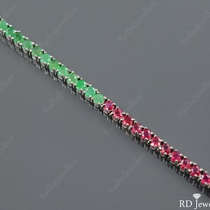 3 MM Natural Emerald Ruby Bracelet, 925 Sterling Silver, Tennis Bracelet, July Birthstone, Dainty Bracelet, Anniversary Gift, Gift For Her