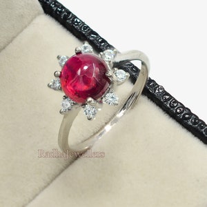 8 mm runder natürlicher Rubin Cabochon Ring, 925 Sterling Silber, Solitär Ring, Juli Geburtsstein, Rubin Schmuck, Verlobungsring, Geschenk für sie