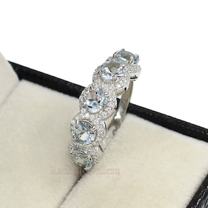 Natural Aquamarine  Ring, 925 Sterling Silver, Half Eternity Band, March Birthstone, Stackable Ring, Promise Ring, Bridal Ring, Gift For Her