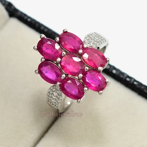 Bague rubis naturel, argent sterling 925, bague tendance, pierre de naissance de juillet, bijoux en rubis, grappe de fleurs, bague de mariée, bague de promesse, cadeau pour elle