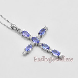 6x4 MM Natural Tanzanite Pendant Necklace, 925 Sterling Silver, December Birthstone, Holy Cross Pendant, Tanzanite Pendant, Gift For Her