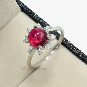 8 MM Round Cut Natural Ruby Cabochon Ring, 925 Sterling Silver, Solitaire Ring, July Birthstone, Ruby Jewelry, Engagement Ring, Gift For Her