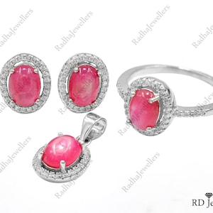 8x6 MM Natural Ruby Cabochon Jewelry Set, 925 Sterling Silver, Solitaire Ring, July Birthstone, Ruby Jewelry, Anniversary Gift, Gift For Her
