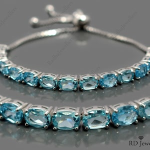 7x5 MM Oval Cut Natural Swiss Blue Topaz Bracelet, 925 Sterling Silver, December Birthstone, Tie Bracelet, Anniversary gift, Gift For Her