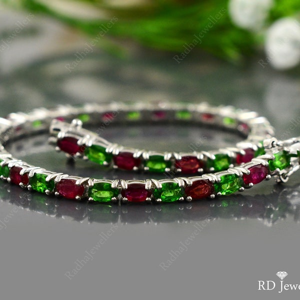 Natural Ruby & Tsavorite Green Garnet Bracelet, 925 Sterling Silver, Tennis Bracelet, Dual Birthstone, Gemstone Bracelet, Anniversary Gift