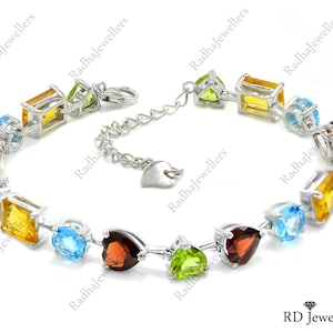 Multi Gemstone Bracelet, 925 Sterling Silver, Adjustable Chain Bracelet, Colorful Bracelet, Birthstone Bracelet, Wedding Bracelet