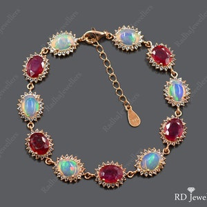 Natural Ruby Cut & Opal Cabochon Bracelet, 925 Sterling Silver, Chunky Adjustable Bracelet, July Birthstone, Wedding Bracelet, Gift For Her